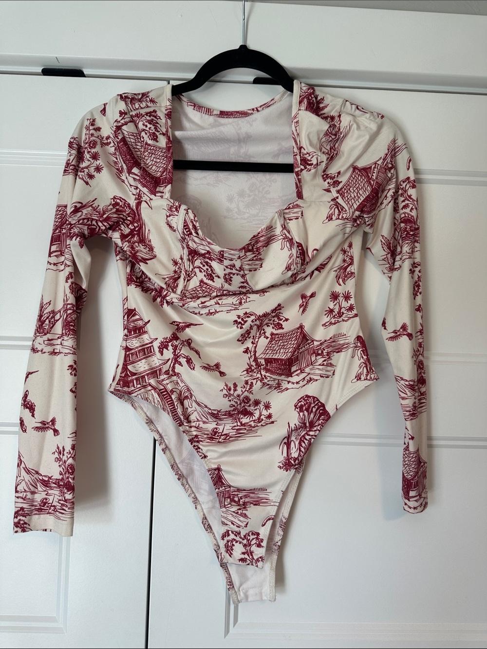 Cream & Burgundy Printed Long Sleeve Bodysuit